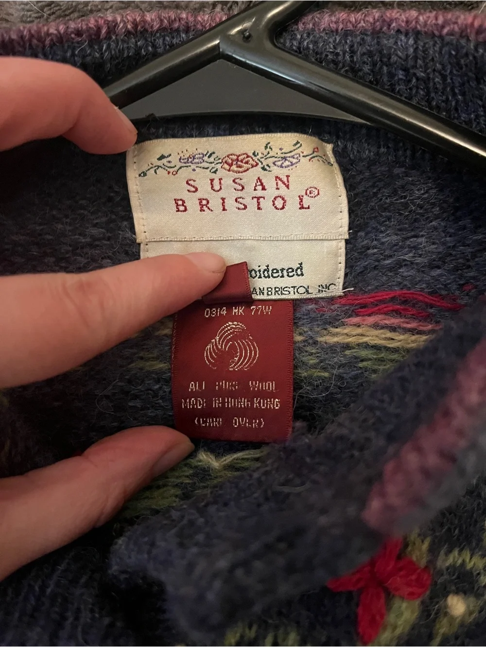 Susan Bristol Navy Wool Hand-Embroidered Cardigan with Pink and Red Accents - Picture 5 of 5